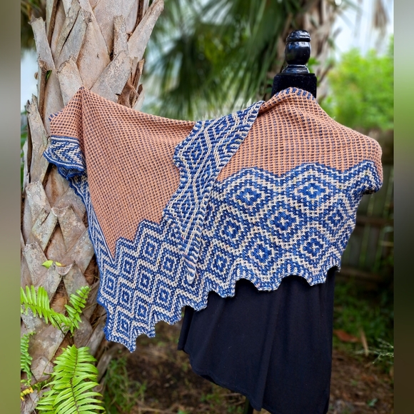 Hand Knit Shawl Blue Brown Beige Hand Dyed Yarn Mosaic Colorwork Soft Warm Cozy - Picture 9 of 16